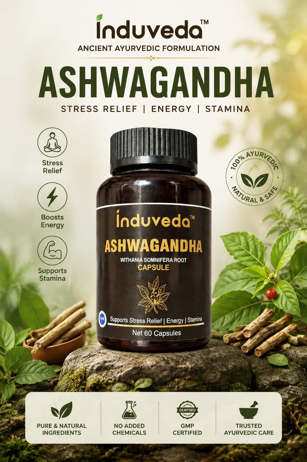 Induveda Organic Ashwagandha Capsule - Pure Root Extract for Stress & Vitality